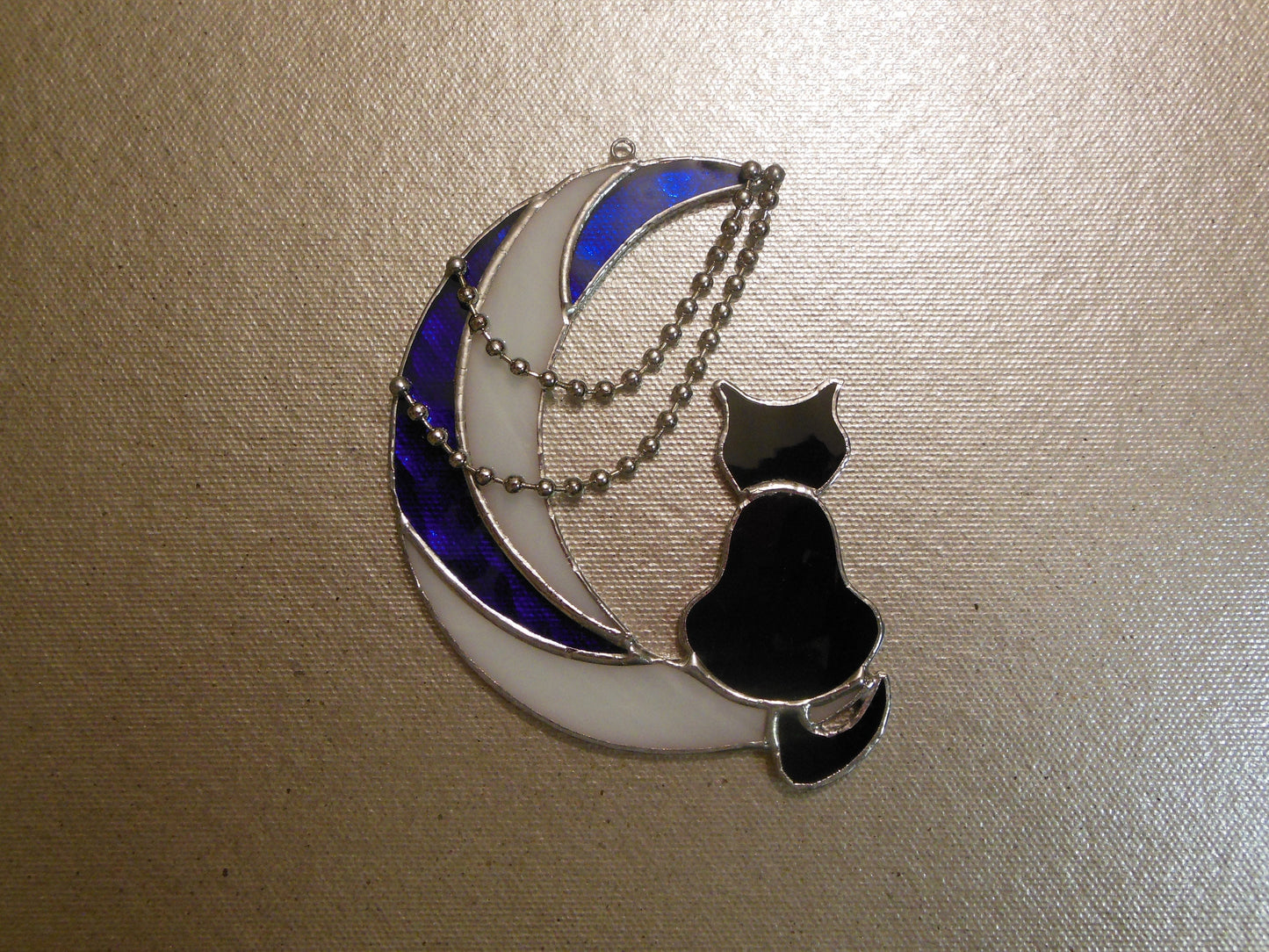 Black Cat On Moon with Chains . Art stained glass hanging Suncatcher . Gift for animal lover , pet loss memorial White , blue  and black