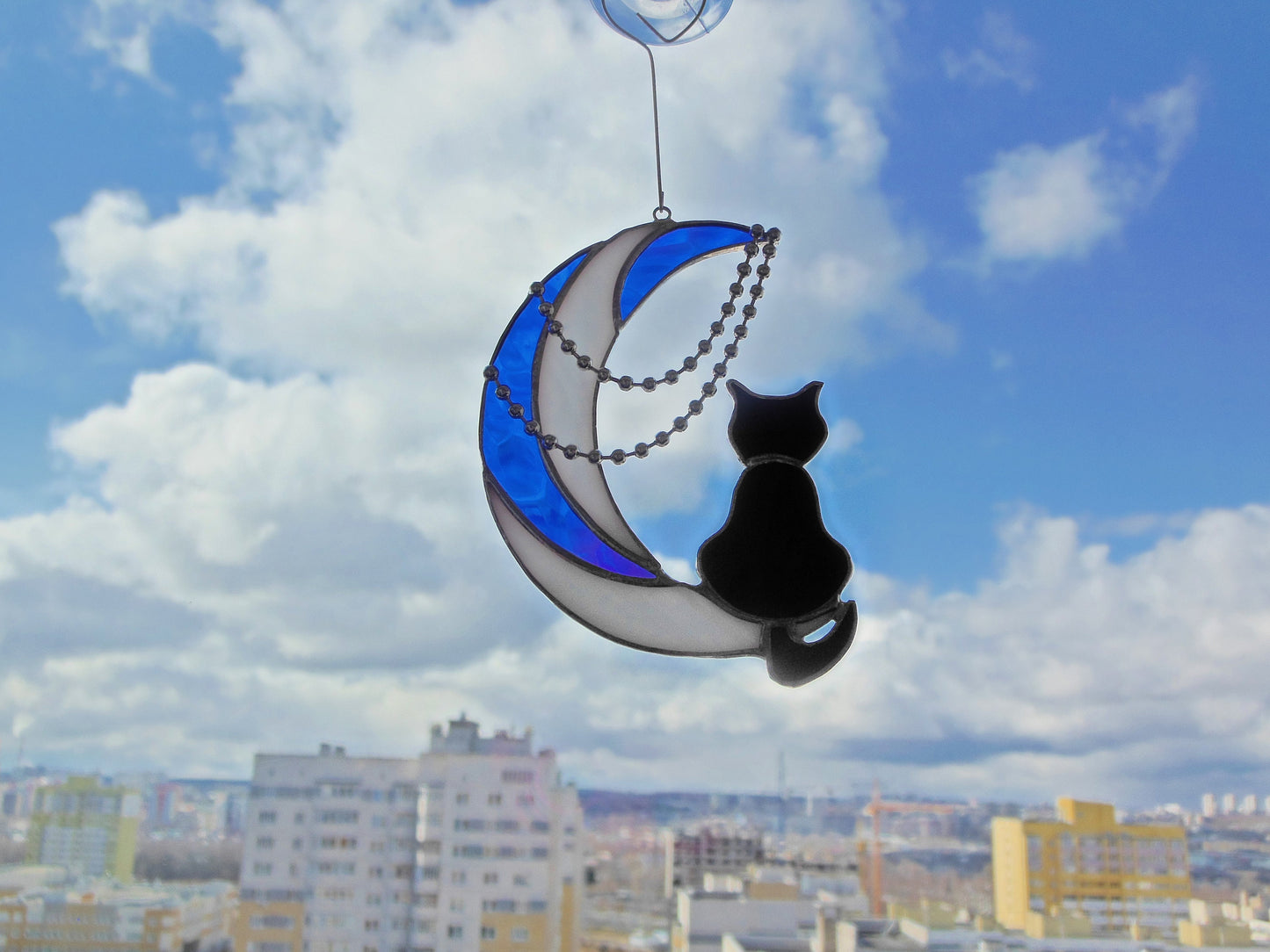 Black Cat On Moon with Chains . Art stained glass hanging Suncatcher . Gift for animal lover , pet loss memorial White , blue  and black