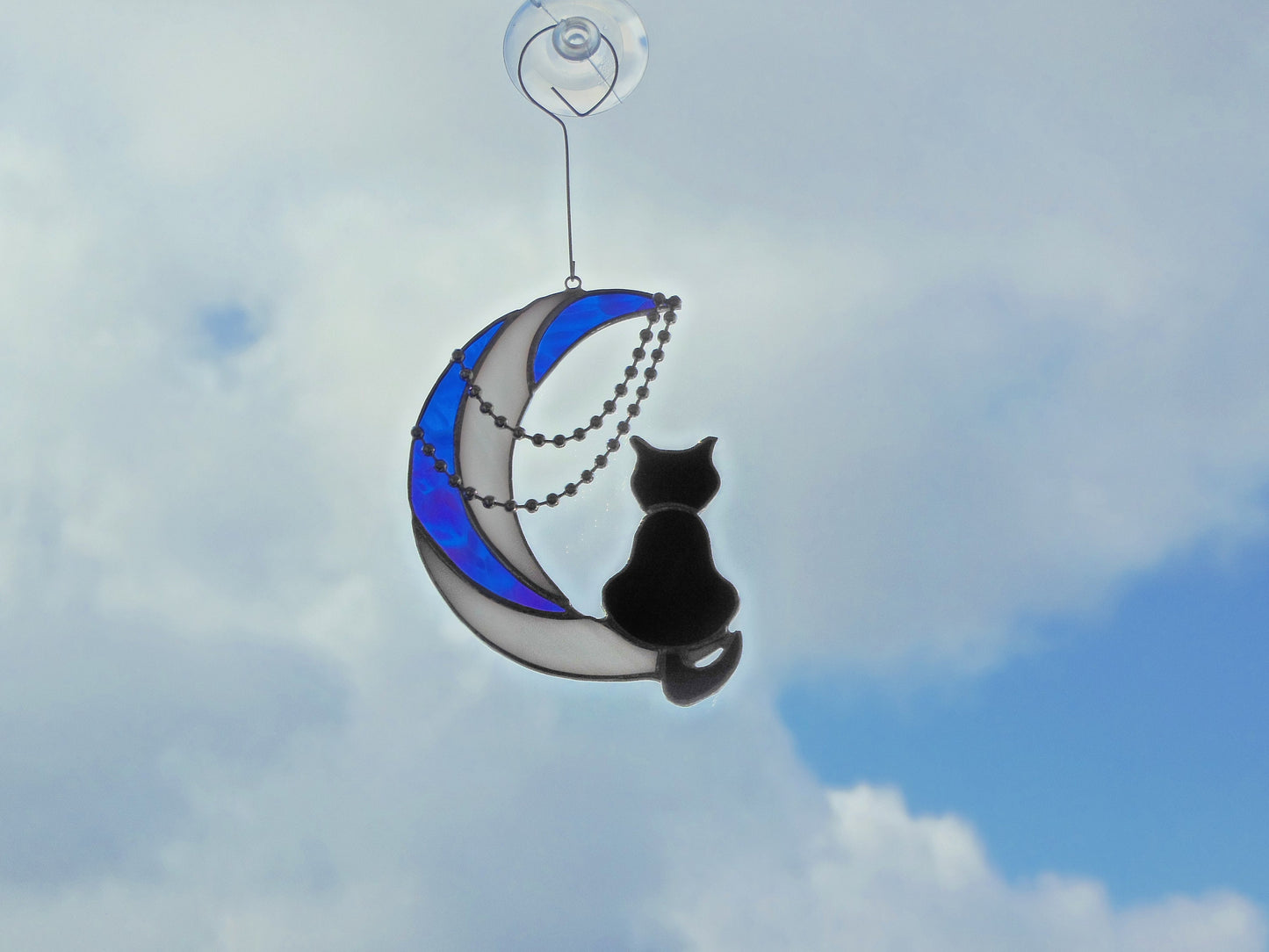 Black Cat On Moon with Chains . Art stained glass hanging Suncatcher . Gift for animal lover , pet loss memorial White , blue  and black