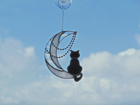 Black Cat On The Moon with Chains . Art stained glass window hanging Suncatcher . Gift for animal lover , pet loss memorial . White , black