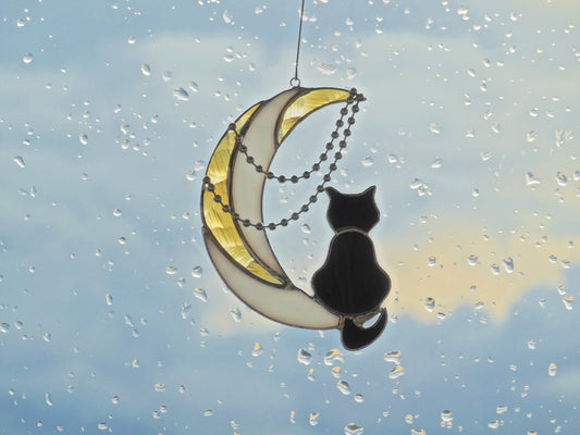 Black Cat On Moon with Chains . Art stained glass hanging Suncatcher . Gift for animal lover , pet loss memorial . White , yellow , black