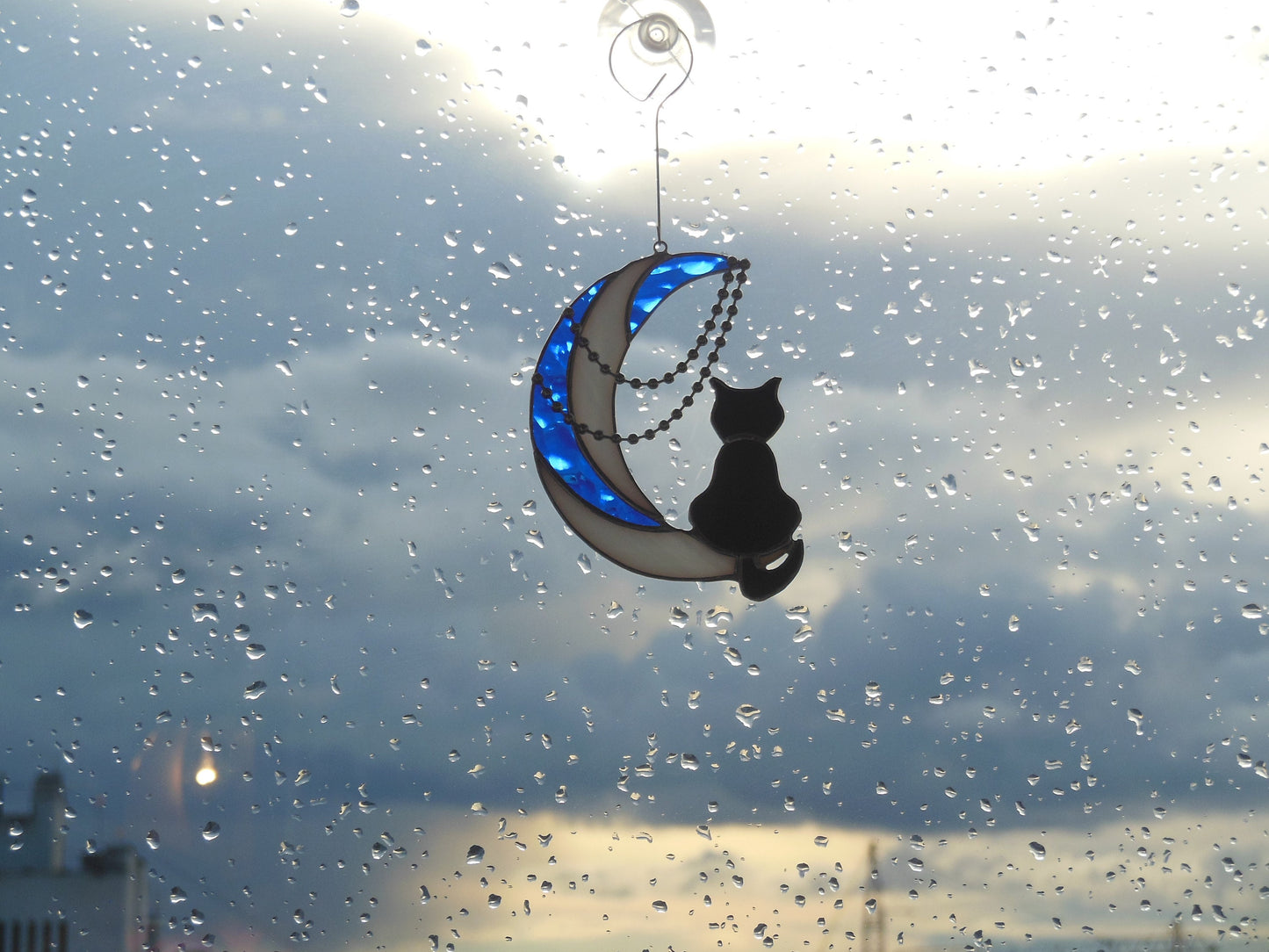 Black Cat On Moon with Chains . Art stained glass hanging Suncatcher . Gift for animal lover , pet loss memorial White , blue  and black