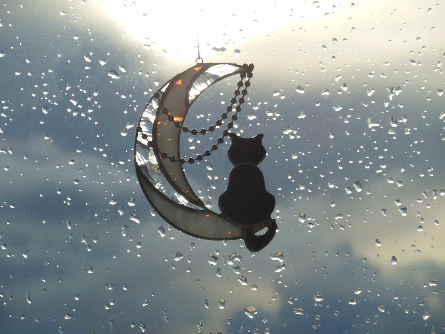 Black Cat On The Moon with Chains . Art stained glass window hanging Suncatcher . Gift for animal lover , pet loss memorial . White , black
