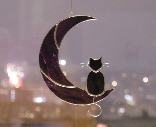 Black Cat On The Purple Moon . Art stained glass window hanging Suncatcher . Gift for animal lover , pet loss memorial . Purple and black