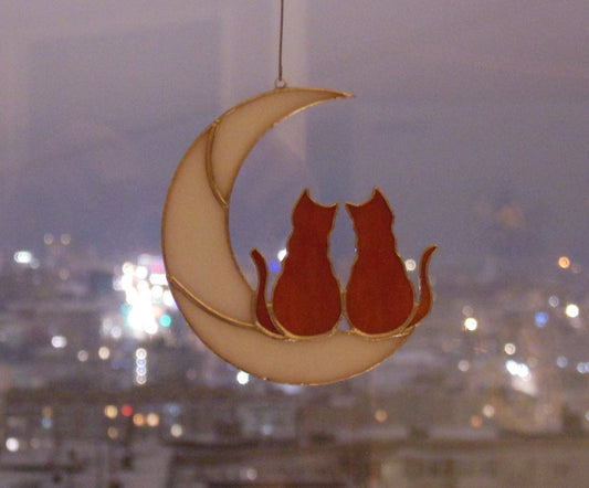 Two Ginger Cats On Moon . Stained glass window hanging Suncatcher . Gift for animal lover , pet loss memorial , orange 2