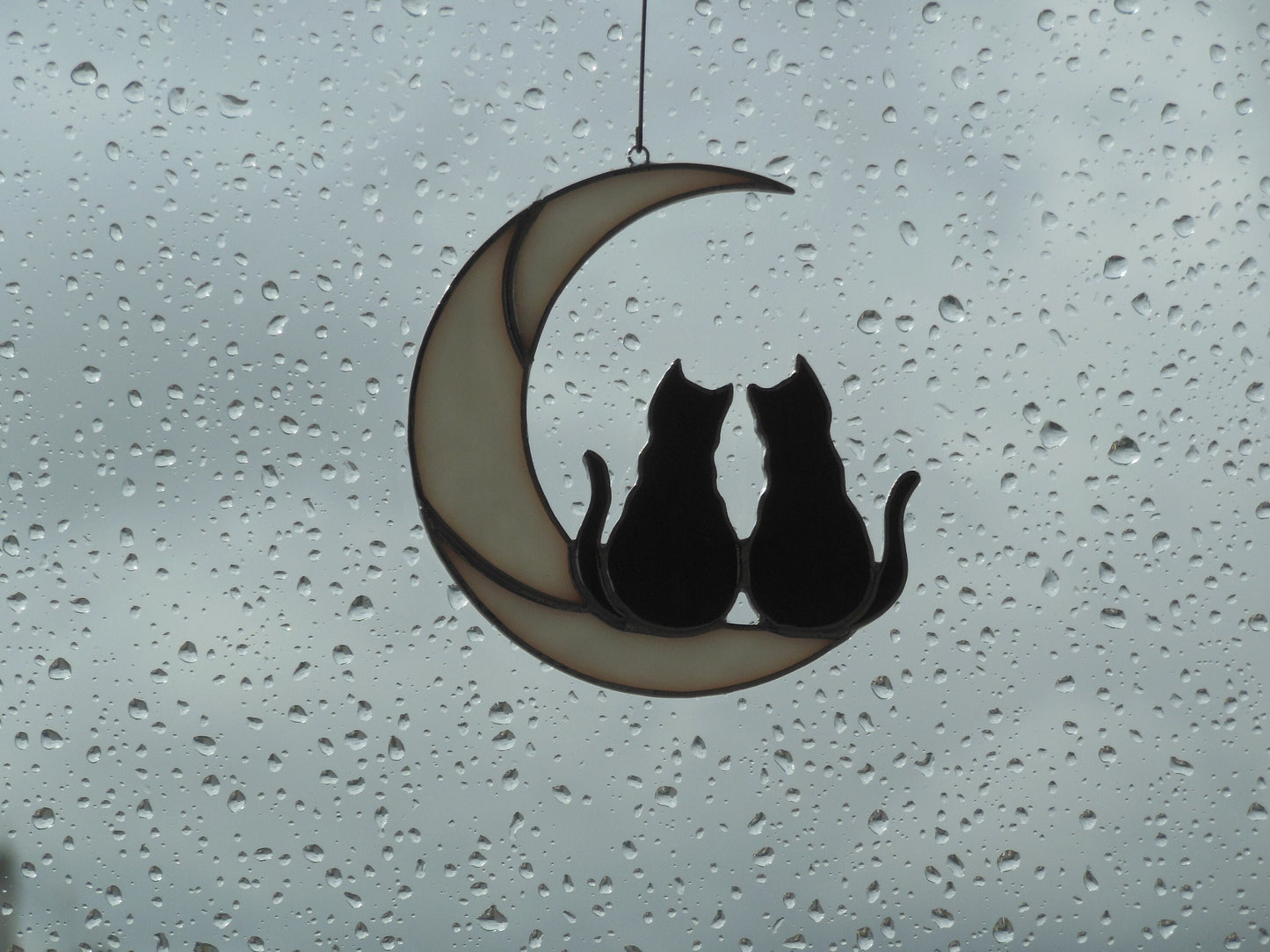 Two Black Cats On The Moon . Stained glass window hanging Suncatcher . Gift for animal lover , pet loss memorial  2