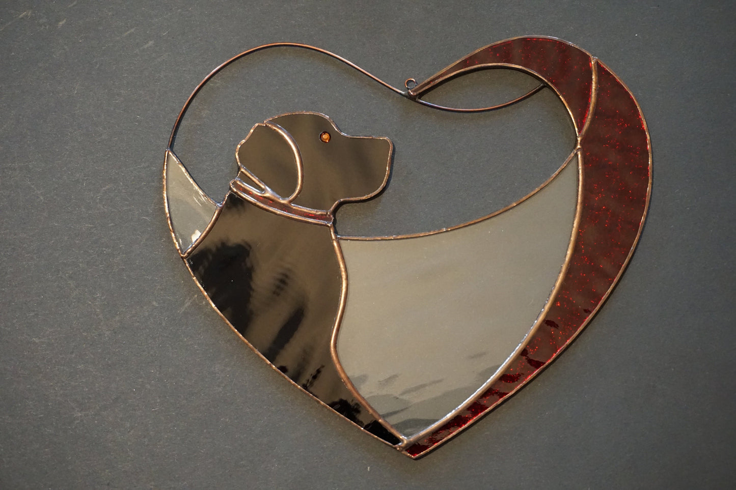 Dog Black Retriever Labrador in Red Heart . Art Stained glass window hanging Suncatcher. Gift for animal lover, pet loss memorial.