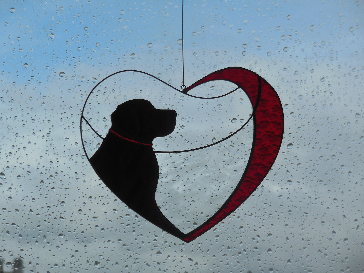Dog Black Retriever Labrador in Red Heart . Art Stained glass window hanging Suncatcher. Gift for animal lover, pet loss memorial.