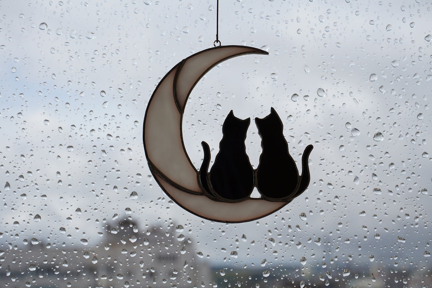 Two Black Cats On The Moon . Stained glass window hanging Suncatcher . Gift for animal lover , pet loss memorial  2