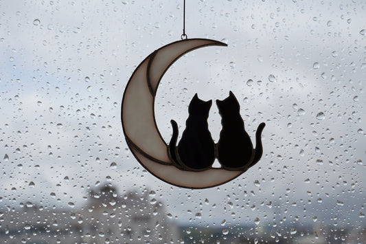 Two Black Cats On The Moon . Stained glass window hanging Suncatcher . Gift for animal lover , pet loss memorial  2