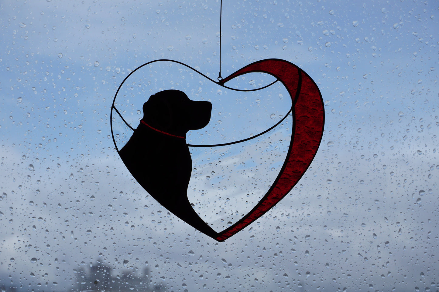 Dog Black Retriever Labrador in Red Heart . Art Stained glass window hanging Suncatcher. Gift for animal lover, pet loss memorial.