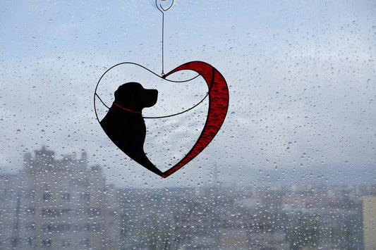 Dog Black Retriever Labrador in Red Heart . Art Stained glass window hanging Suncatcher. Gift for animal lover, pet loss memorial.