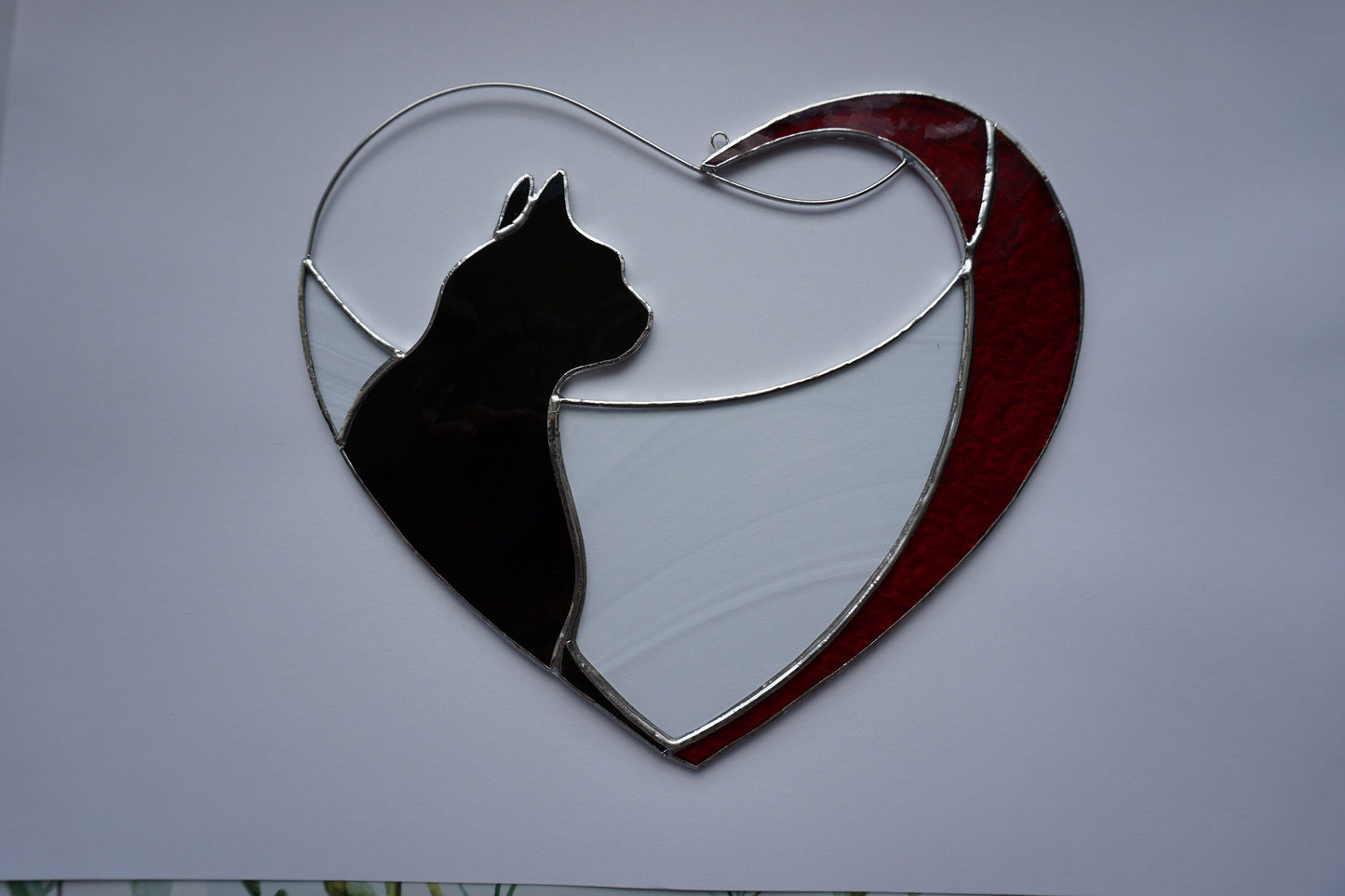 Black Cat in Red Heart . Art stained glass window hanging Suncatcher . Gift for animal lover , pet loss memorial