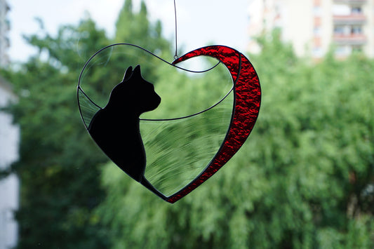 Black Cat in Red Heart . Art stained glass window hanging Suncatcher . Gift for animal lover , pet loss memorial