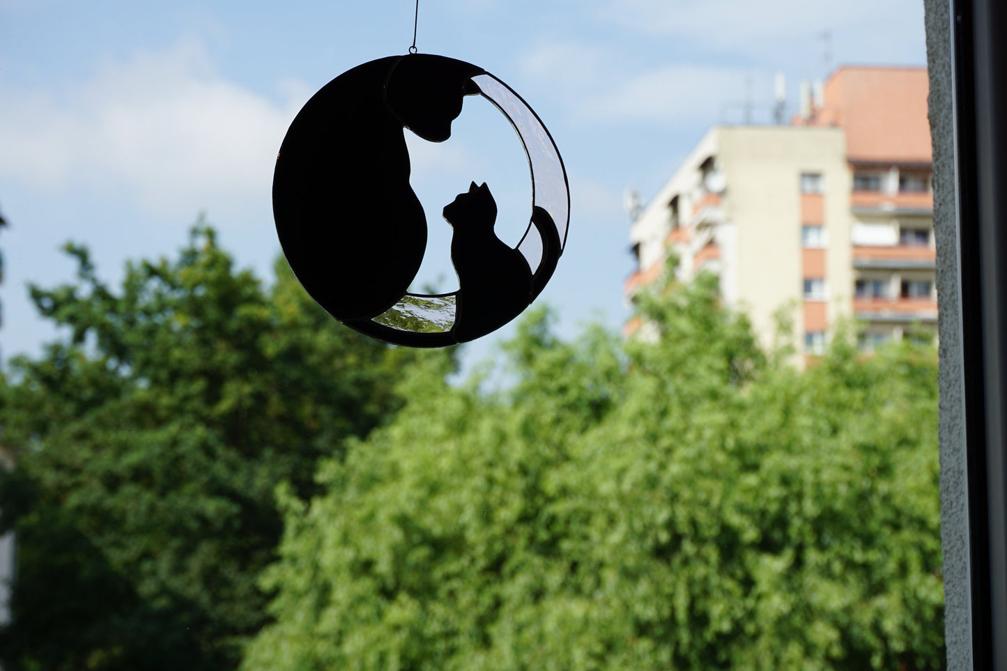 Black Cat with Kitten . Art stained glass window hanging Suncatcher . Gift for animal lover , pet loss memorial