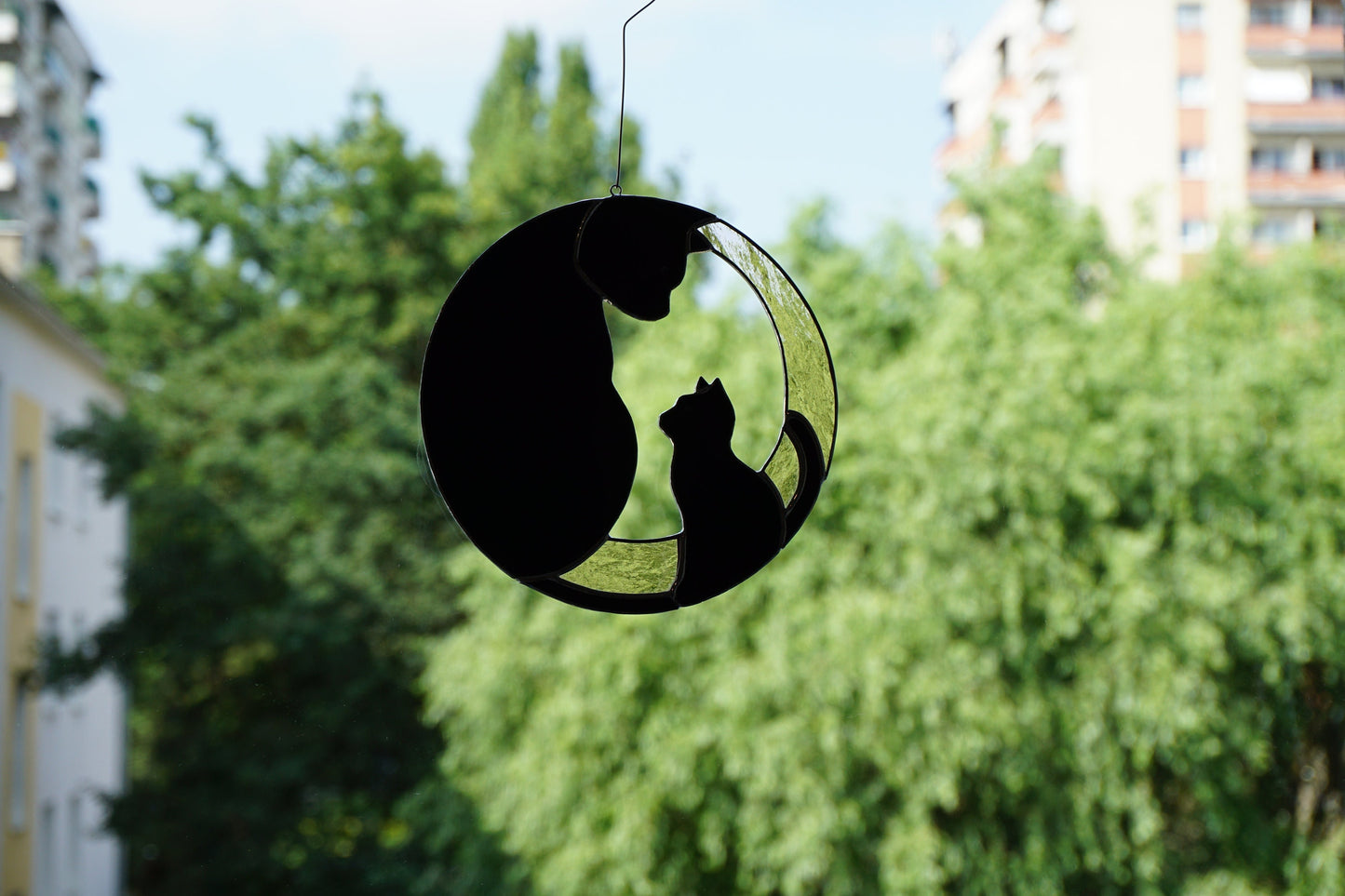 Black Cat with Kitten . Art stained glass window hanging Suncatcher . Gift for animal lover , pet loss memorial
