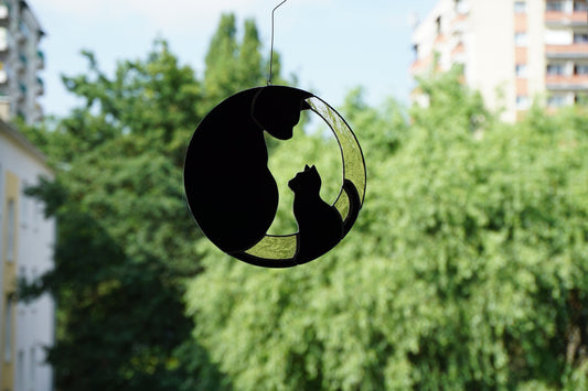 Black Cat with Kitten . Art stained glass window hanging Suncatcher . Gift for animal lover , pet loss memorial