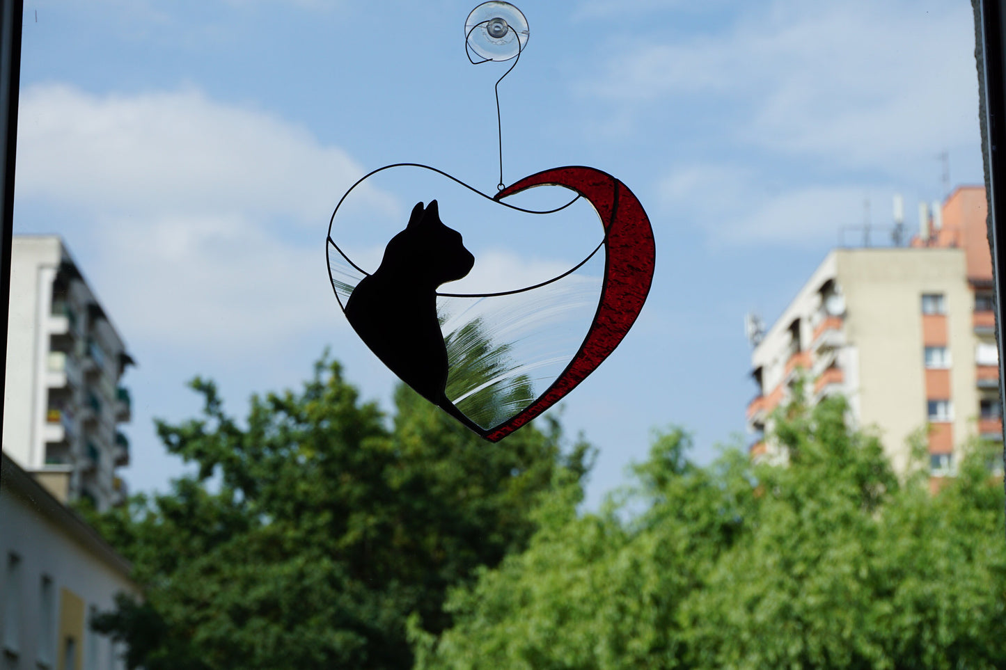 Black Cat in Red Heart . Art stained glass window hanging Suncatcher . Gift for animal lover , pet loss memorial