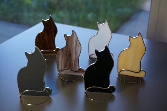 Cat Stained glass hanging , standing Suncatcher , black , white , gray , brown mottled , cocoa , amber . Gift animal lover , shelf sitters
