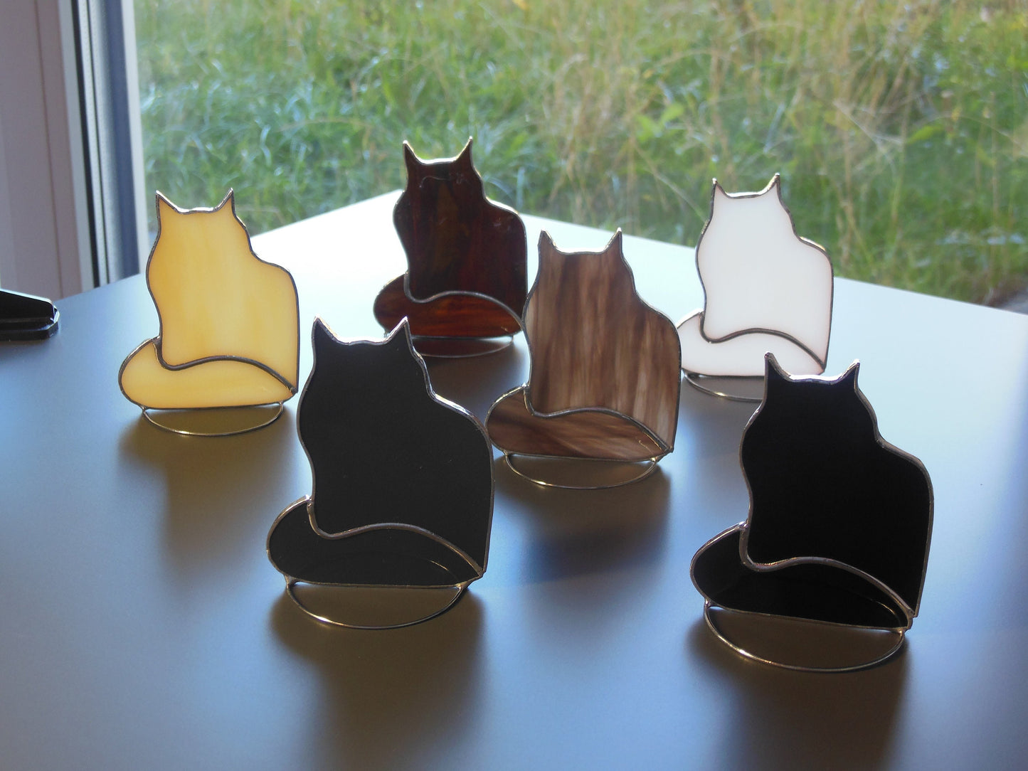 Fluffy Long Hair Cat , Stained glass window hanging or sitters on shelf Suncatcher ,  black , white , gray , brown mottled , cocoa , amber