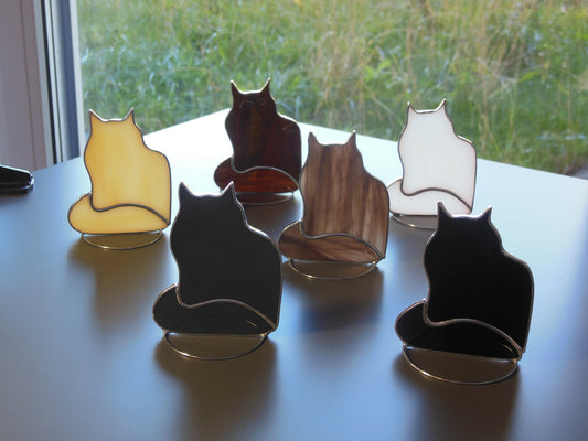 Fluffy Long Hair Cat , Stained glass window hanging or sitters on shelf Suncatcher ,  black , white , gray , brown mottled , cocoa , amber