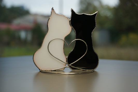 Couple in love Two Cats Stained glass hanging and standing on table , shelf sitters , Suncatcher black , white 2. Cute gift for animal lover