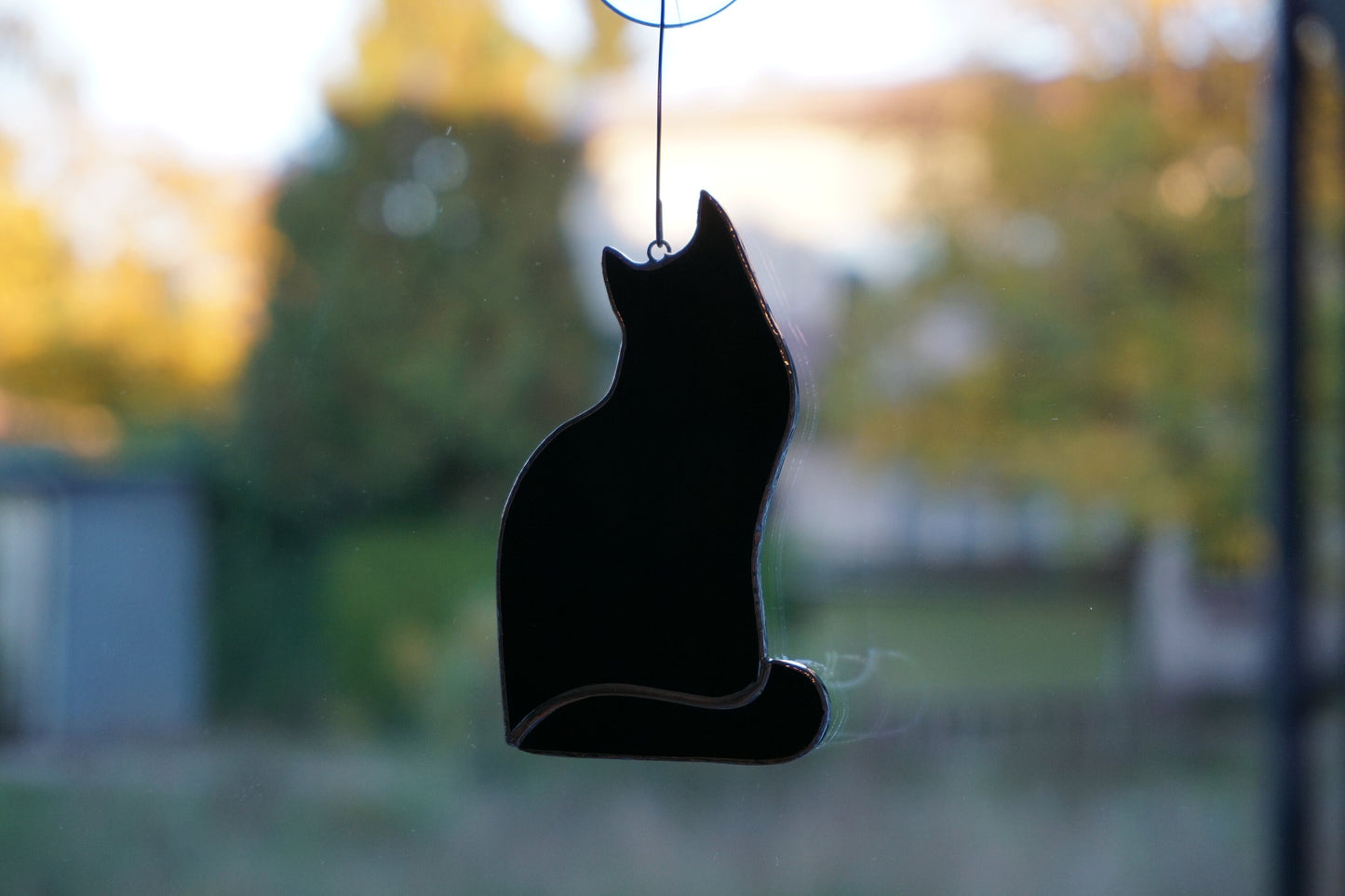 Cat Stained glass hanging , standing Suncatcher , black , white , gray , brown mottled , cocoa , amber . Gift animal lover , shelf sitters