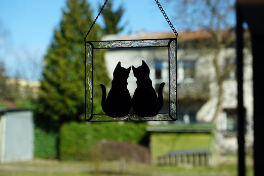Two Black Cats in Frame Stained glass window hanging Suncatcher . Gift for animal lover , pet loss memorial
