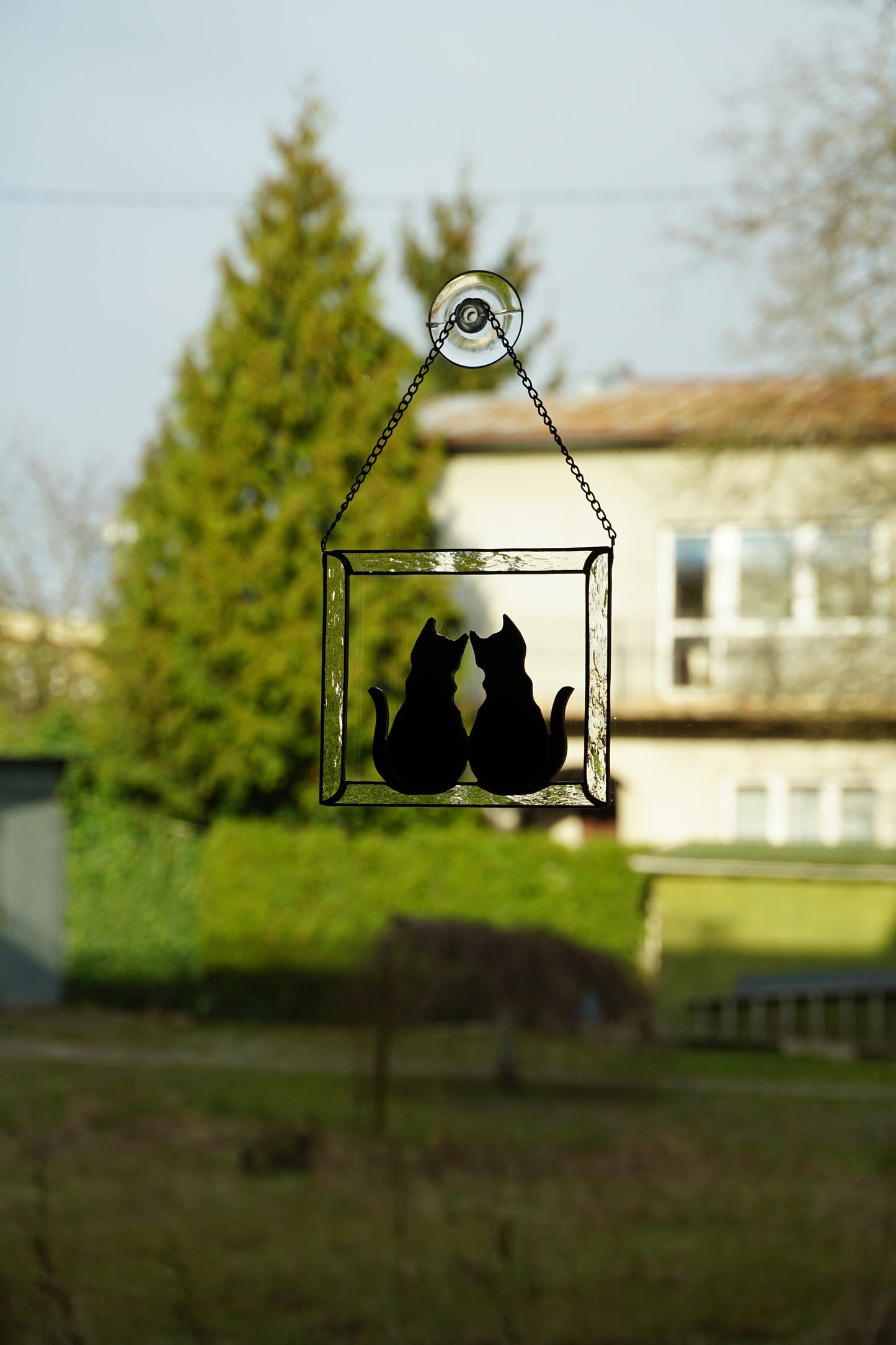 Two Black Cats in Frame Stained glass window hanging Suncatcher . Gift for animal lover , pet loss memorial