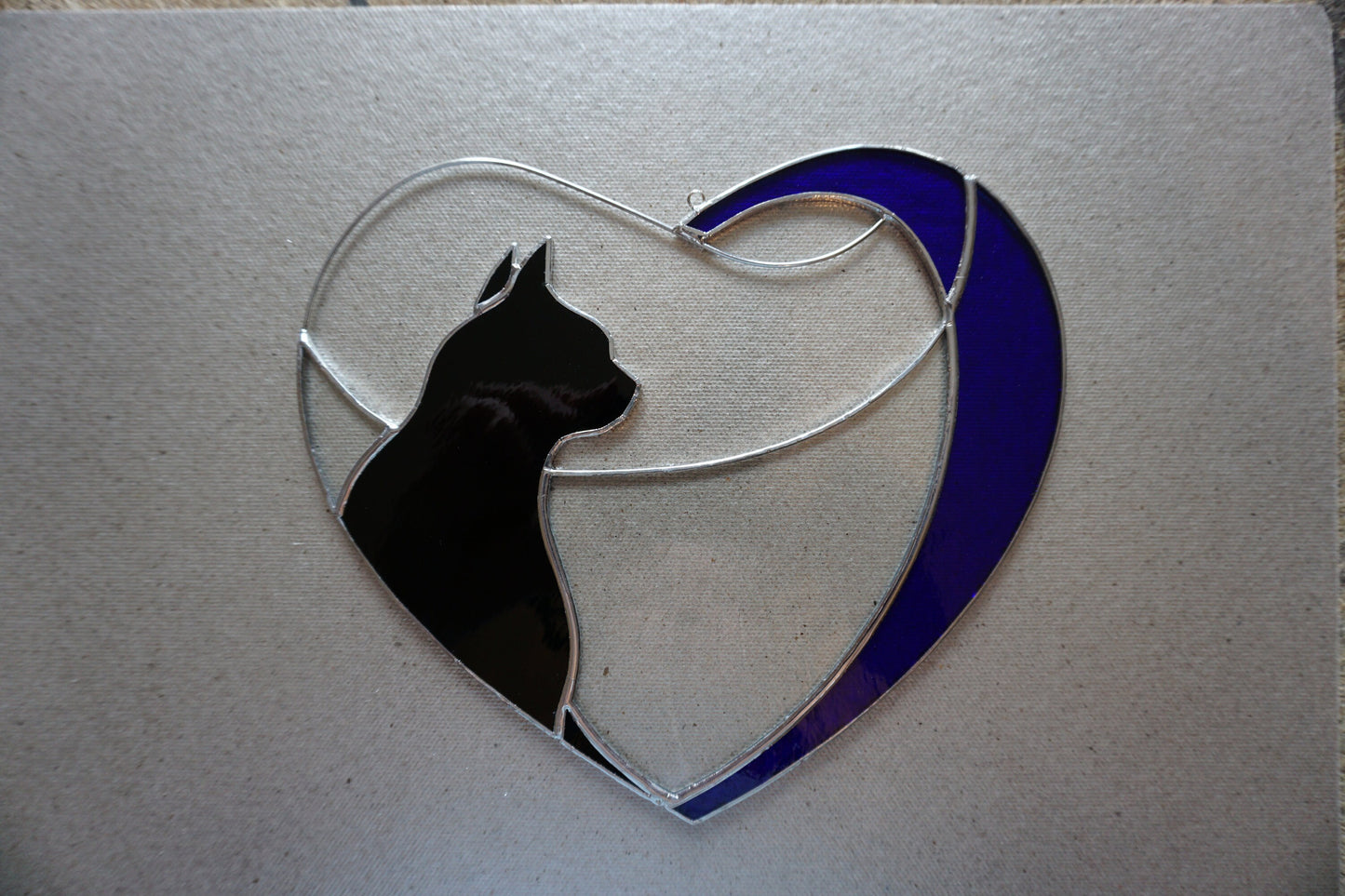 Black Cat in Blue Heart . Art stained glass window hanging Suncatcher . Gift for animal lover , pet loss memorial