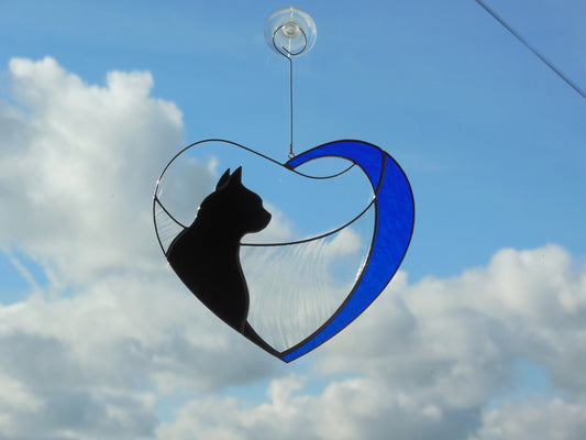 Black Cat in Blue Heart . Art stained glass window hanging Suncatcher . Gift for animal lover , pet loss memorial