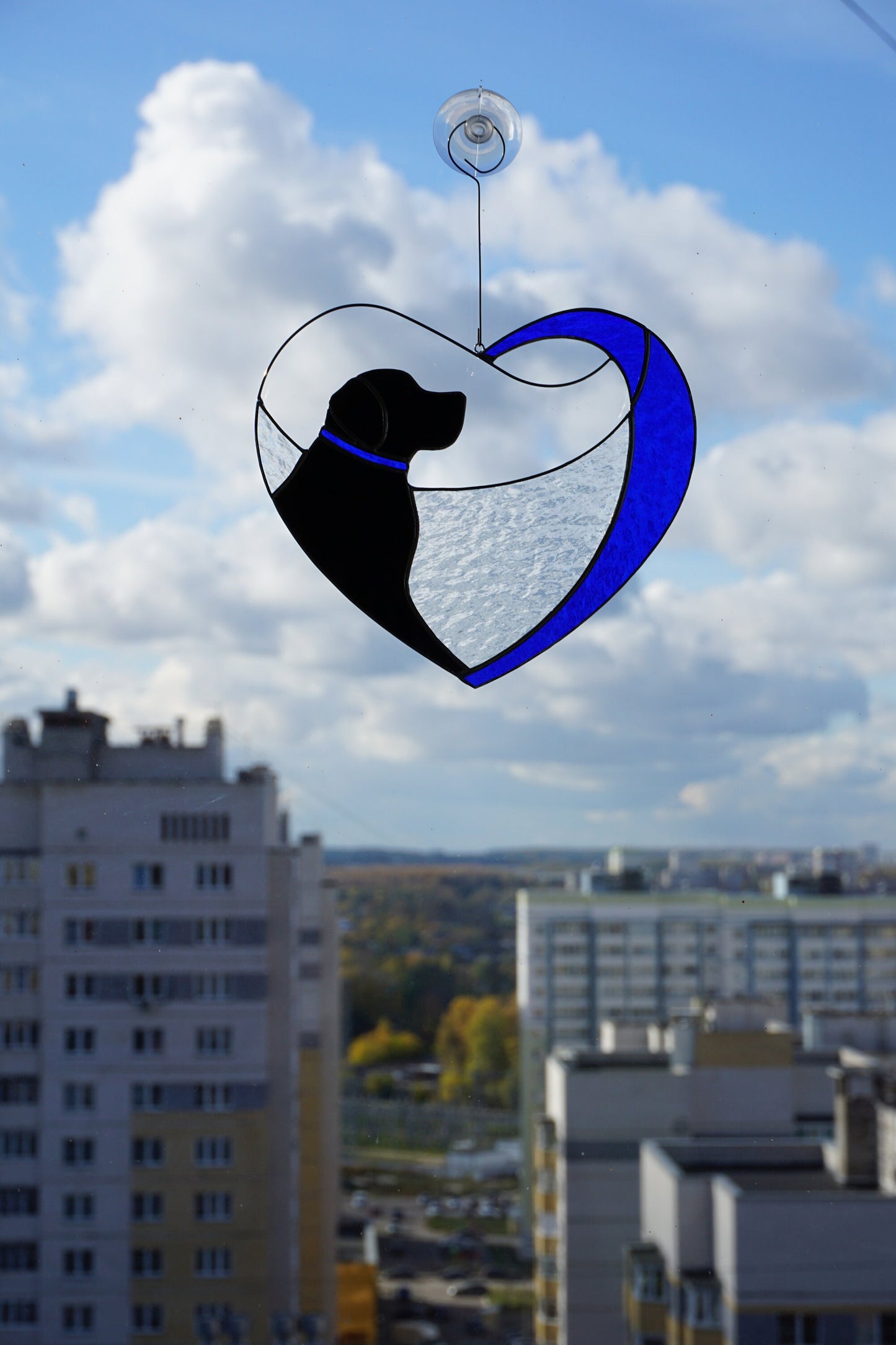 Dog Black Retriever Labrador in Blue Heart . Art Stained glass window hanging Suncatcher . Gift for animal lover , pet loss memorial