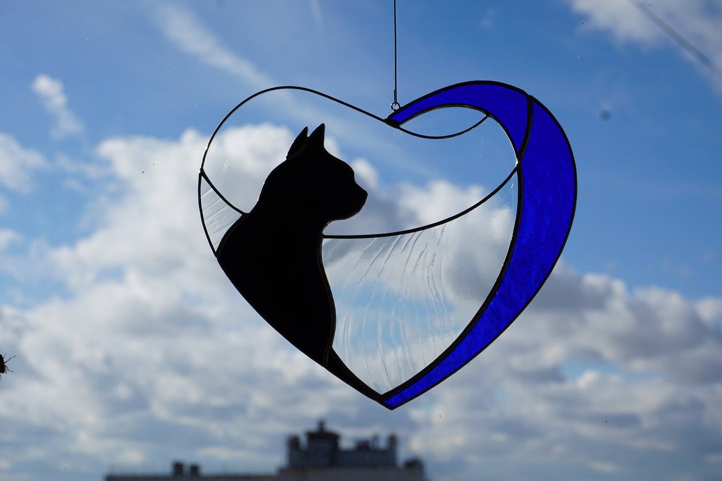 Black Cat in Blue Heart . Art stained glass window hanging Suncatcher . Gift for animal lover , pet loss memorial