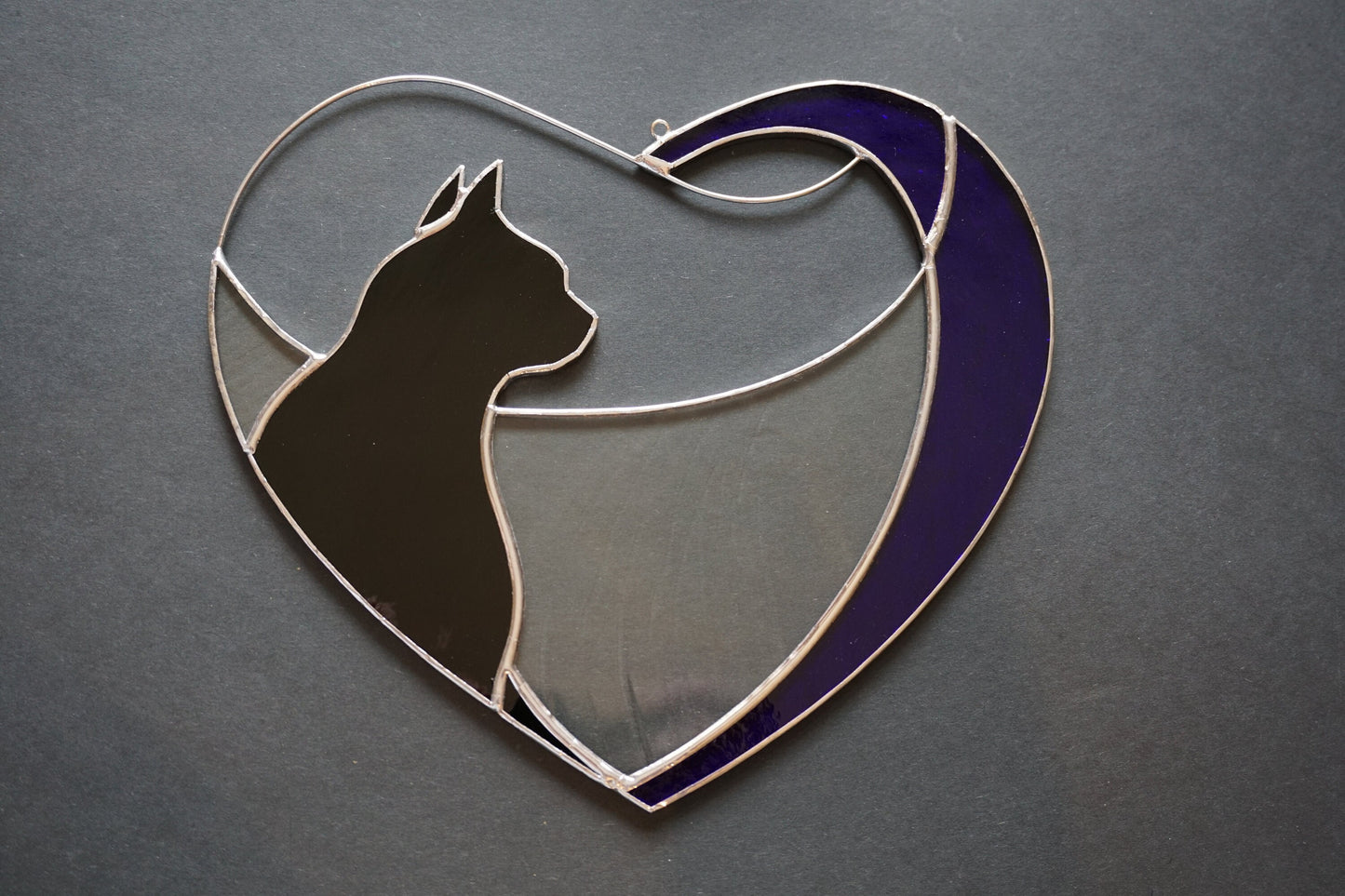 Black Cat in Blue Heart . Art stained glass window hanging Suncatcher . Gift for animal lover , pet loss memorial
