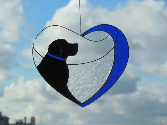 Dog Black Retriever Labrador in Blue Heart . Art Stained glass window hanging Suncatcher . Gift for animal lover , pet loss memorial
