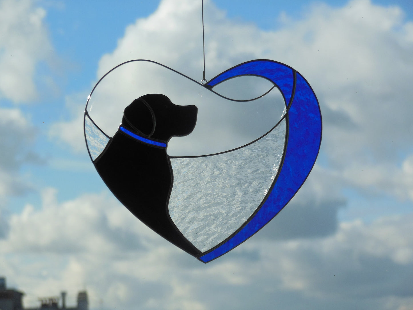 Dog Black Retriever Labrador in Blue Heart . Art Stained glass window hanging Suncatcher . Gift for animal lover , pet loss memorial