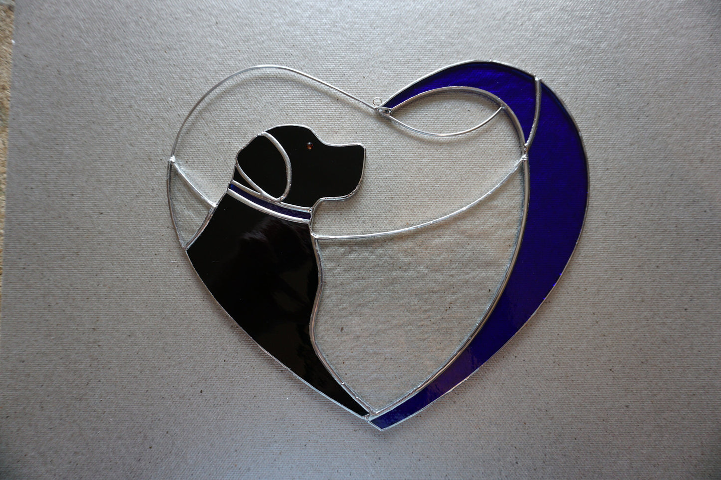 Dog Black Retriever Labrador in Blue Heart . Art Stained glass window hanging Suncatcher . Gift for animal lover , pet loss memorial