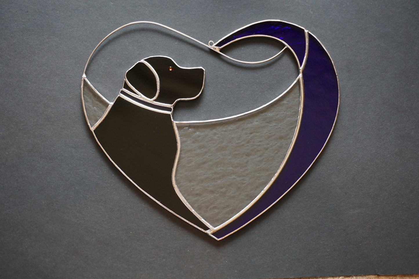 Dog Black Retriever Labrador in Blue Heart . Art Stained glass window hanging Suncatcher . Gift for animal lover , pet loss memorial
