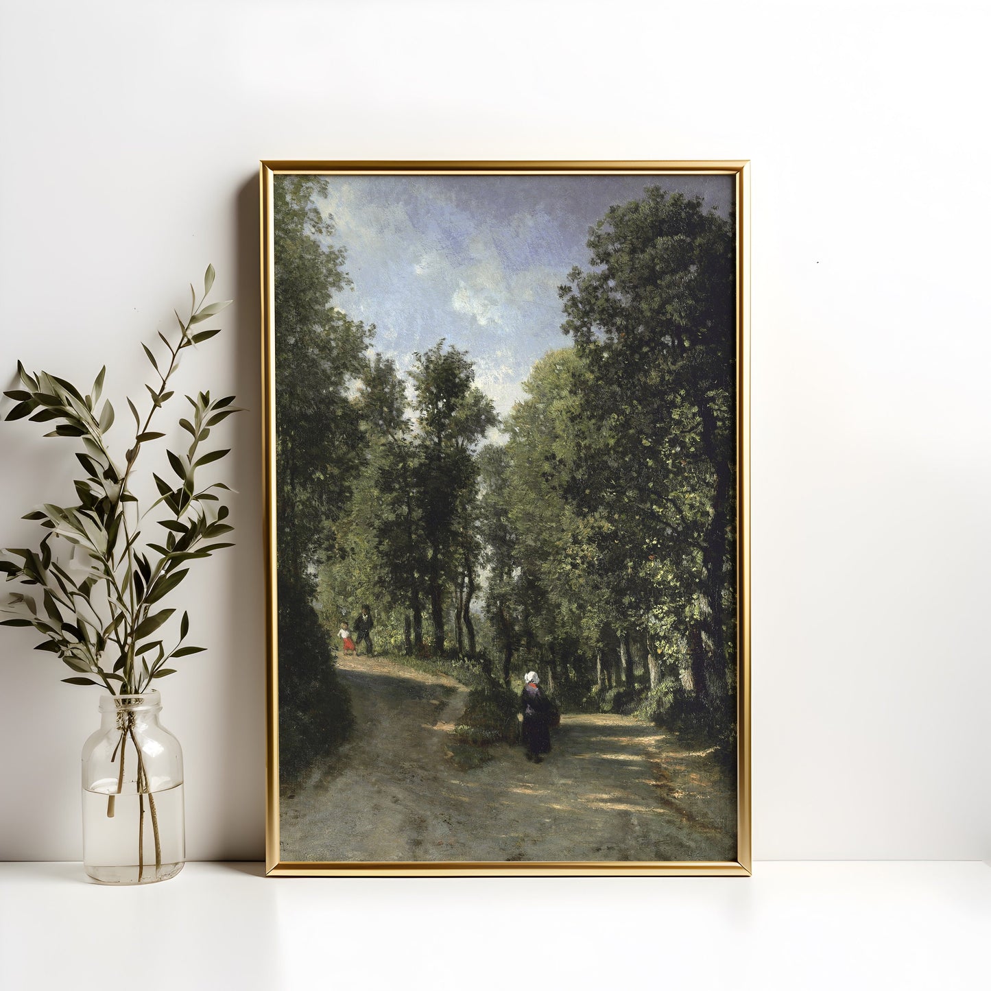 Rustic landscape, Constant Troyon Road in Woods, original antique painting, oil, vintage, Printable art instant download, SKU  K-CT53