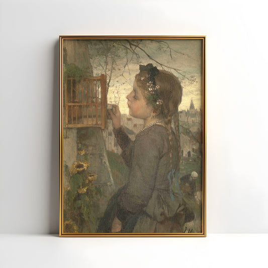Girl Feeding Bird in Cage - Jacob Maris , original antique oil figure painting , vintage Printable art instant download , SKU K-JM56