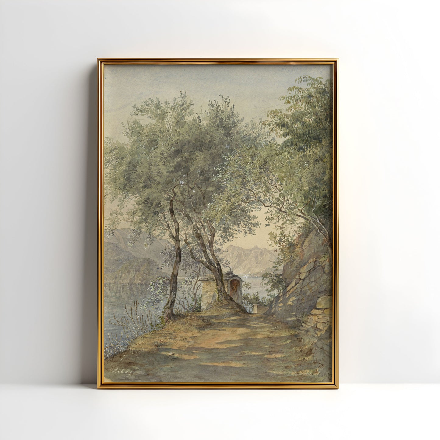 Rustic landscape Lake, Unknown painter, original antique painting, watercolour, vintage, Printable art instant download, SKU  K-NN58