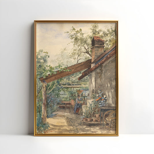 Hugo Charlemont, Rustic landscape, original antique painting, watercolour, vintage, Printable art instant download, SKU  K-HC62