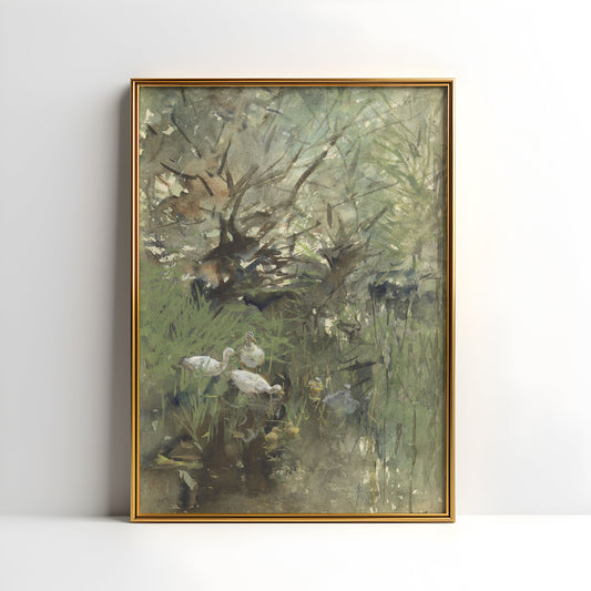 Willem Maris - Ducks under willows, original antique painting, watercolour vintage, Printable art instant download, SKU  K-WM67