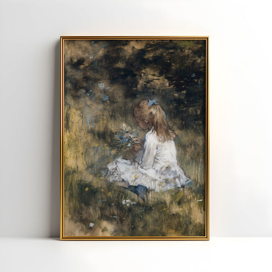 Jacob Maris - Girl with Flowers in Grass , original antique figure painting , vintage Printable art instant download , SKU K-WM68