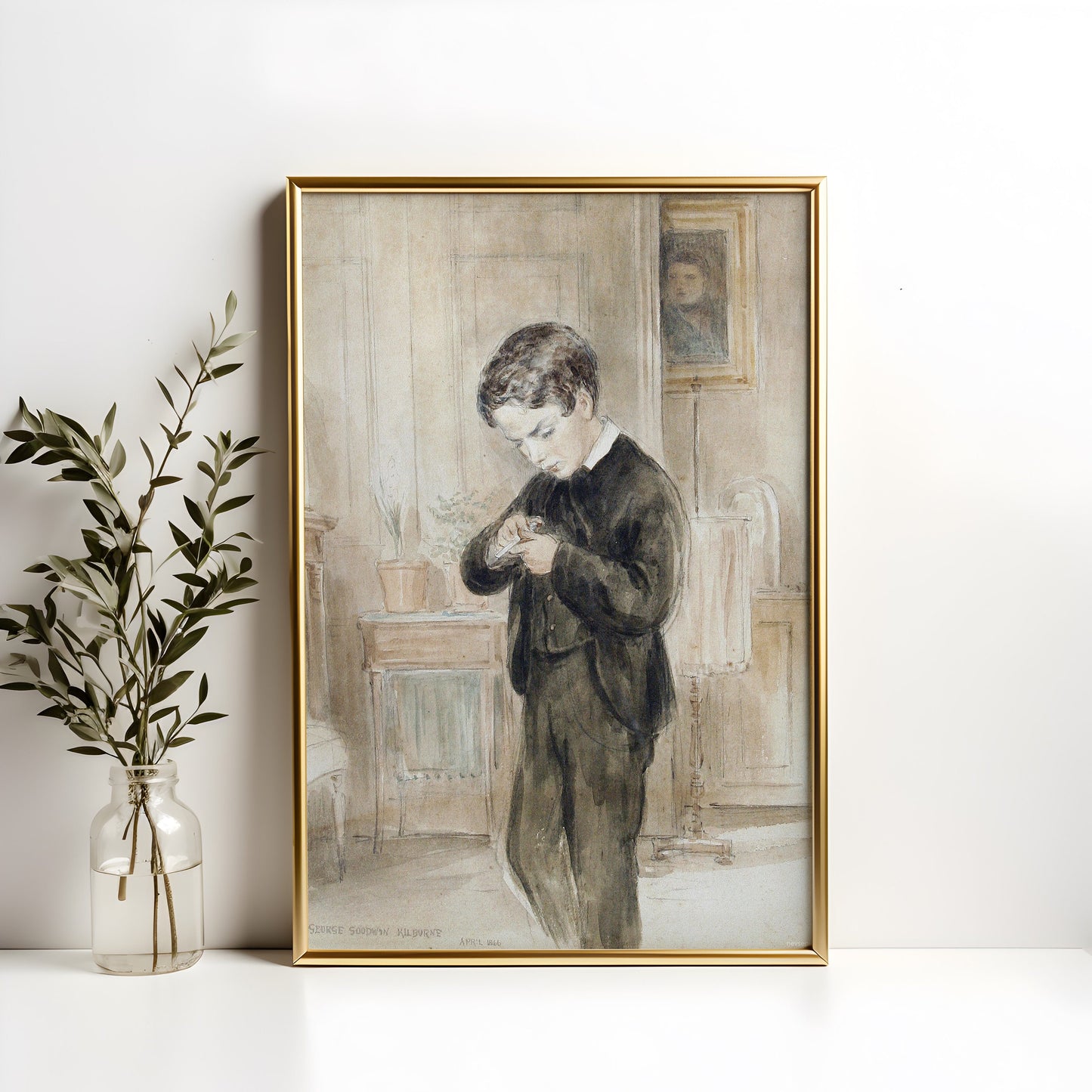 Schoolboy - George Goodwin Kilburne , watercolour original antique figure painting , vintage Printable art instant download , SKU K-GGK69