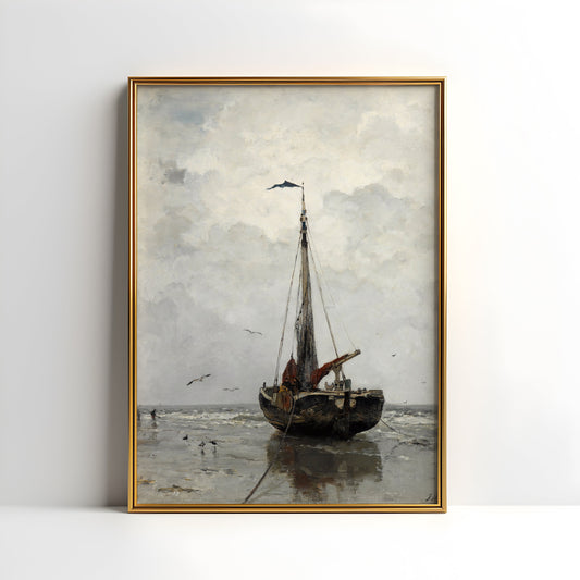 Jacob Maris - Fishing boat, Living Room decor, original antique painting oil vintage, Printable art  instant download,  SKU  K-JM129