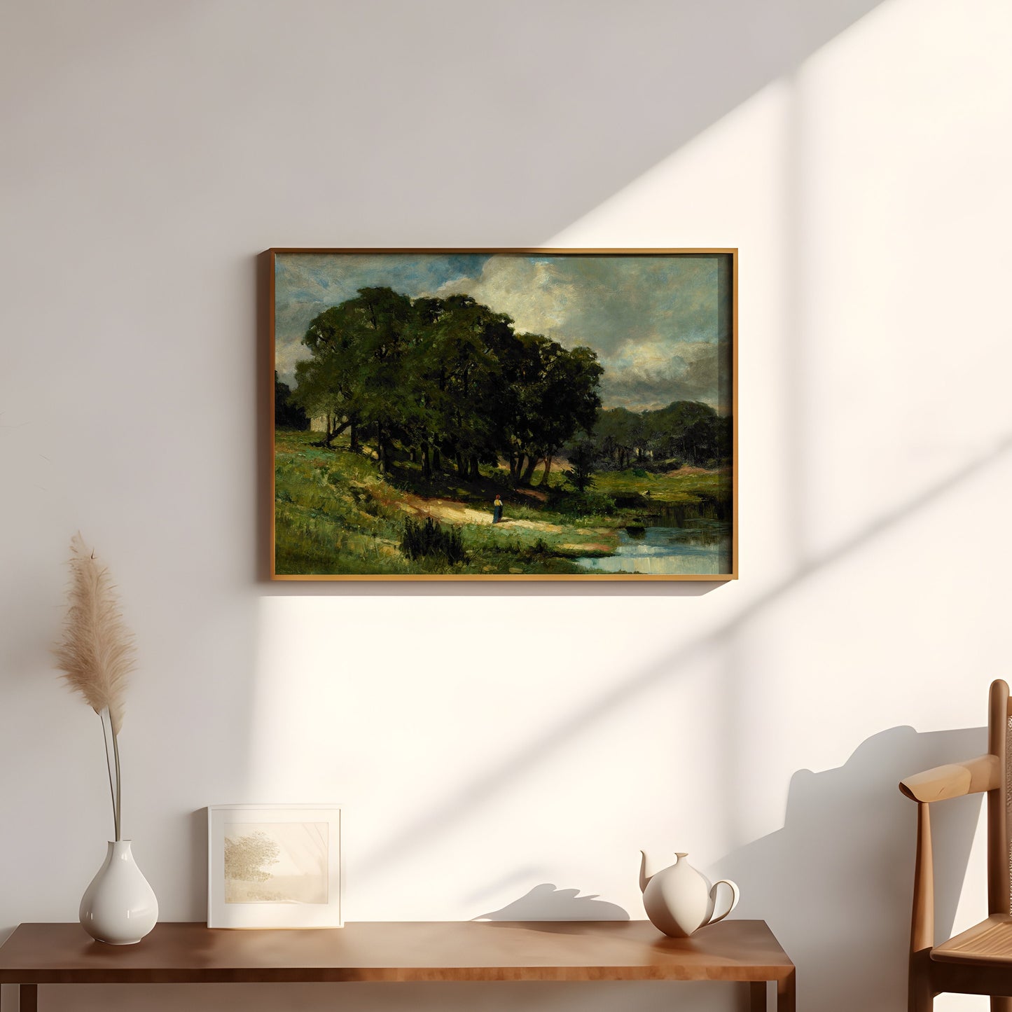 Rustic Landscape - Woman near a Pond, oil original antique painting, vintage, Printable art instant download, Bannister, SKU  140-EMB