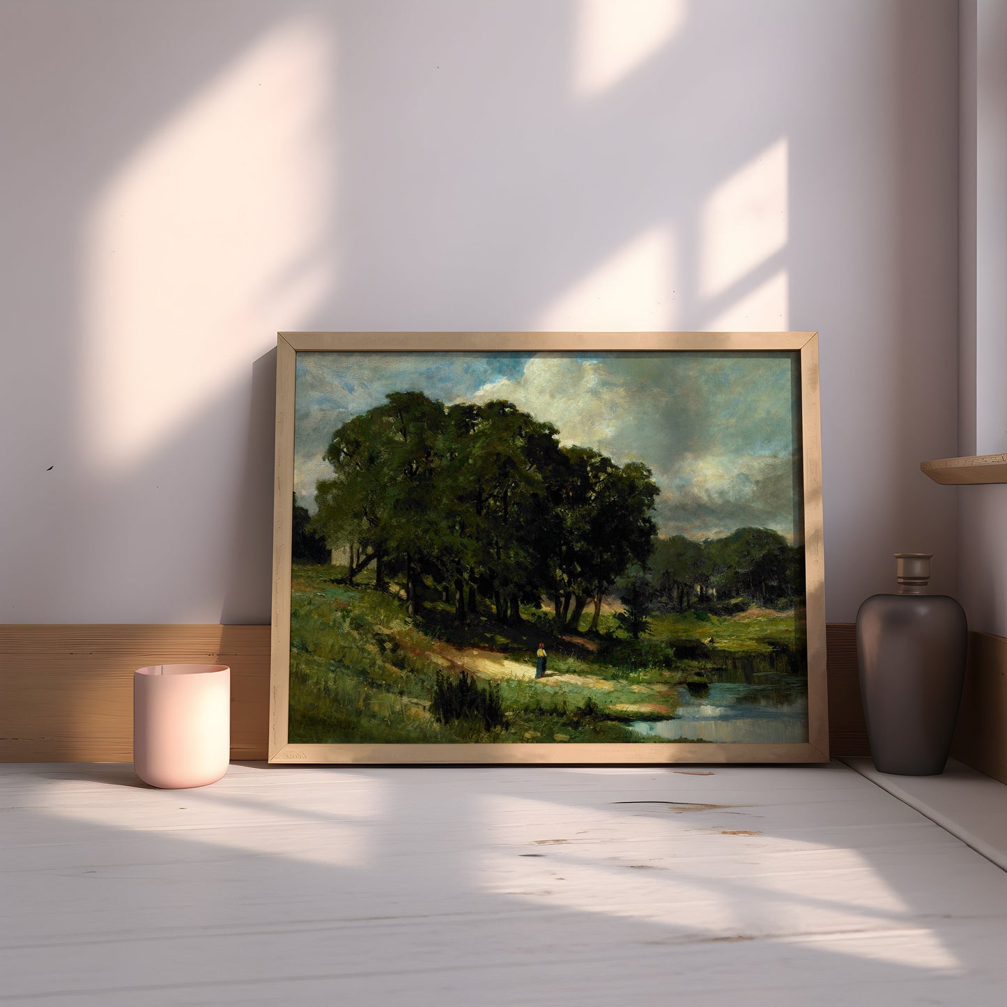 Rustic Landscape - Woman near a Pond, oil original antique painting, vintage, Printable art instant download, Bannister, SKU  140-EMB