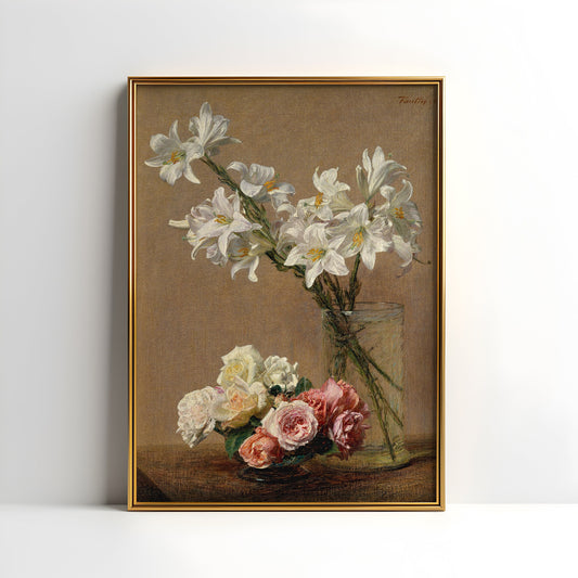 Flowers, Henri Fantin-Latour, Roses and Lilies, original antique painting, oil vintage, Printable art instant download, SKU  K_HFL.17