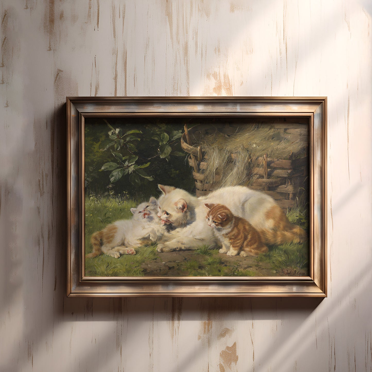Julius Adam, Cat with two kittens, oil, cute antique painting vintage, animal lover gift, Printable art instant download,  SKU  29K_JA.29